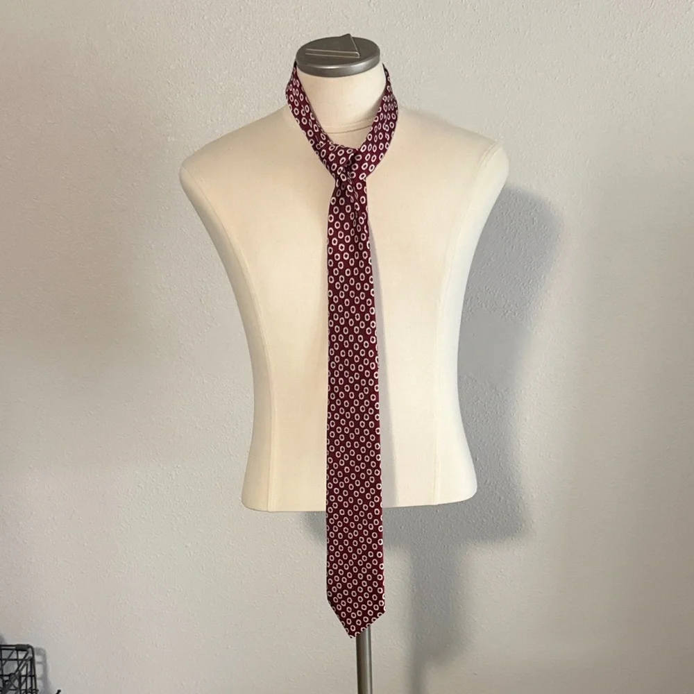 Charvet Burgundy 100% Silk Tie with White Oval Pattern Made in France